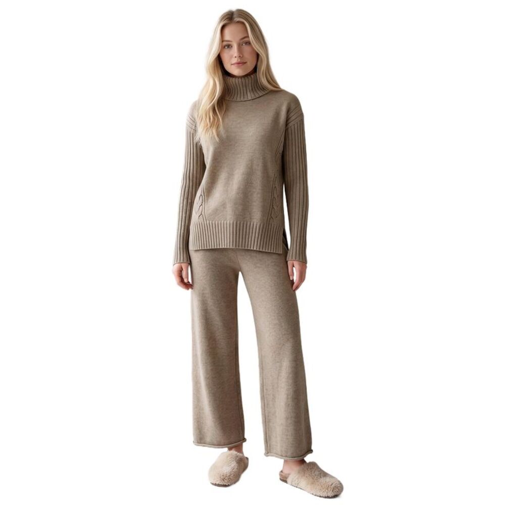 Womens 2 Piece Cable Knit Turtleneck and Wide Leg Pants Outfit Oatmeal